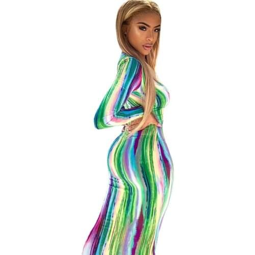 2021 long sleeve colorful print V-neck bodycon long dress spring women new fashion streetwear party elegant outfits