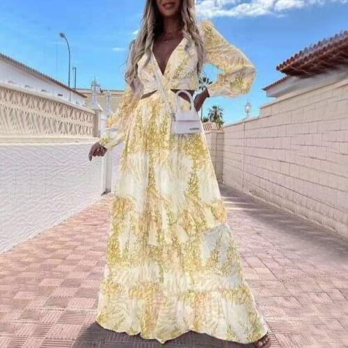 Women floral summer beach vacation dress Female long sleeve v neck high waist hollow out maxi dress 2021 Elegant party frocks