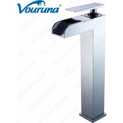 2018 Wholesale Premium Unique Shape Copper Polished Chrome Single Hole Waterfall Vessel Sink Faucet Bathroom Mixer Taps