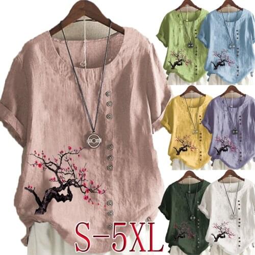 2021 Summer Womens Fashion Peach Printed Short Sleeve Round Neck Blouse Ladies Linen Button Tops Loose T-shirts S-5XL Plus Size
