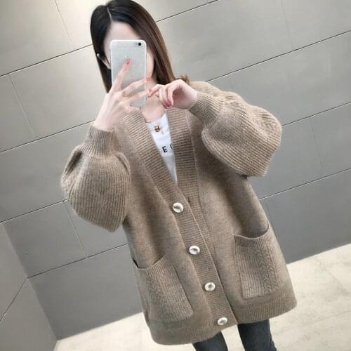 2021 fashion new autumn and winter Korean style Western casual loose V-neck sweater lantern long-sleeved knitted cardigan