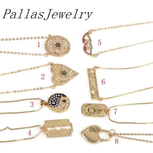 10Pcs Gold Color Chains For Jewelry Necklace CZ Pave Elephant /Eye In Heart / Round Pendant For Women Men Choker Necklace Boho