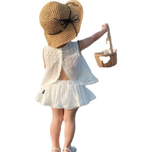 2021Children Baby Girl Clothes Set Sweet Hollow Cotton Summer Girls Cardigan Vest Infant Casual Outfits 2 Pcs Beachwear Top Pant