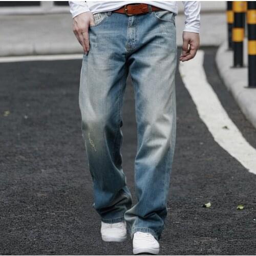 Mens Jeans Seasons Casual Straight Loose Cowboy Long Trousers Autumn Mens Denim Pants Men Bottoms Plus Size 44 Nostalgia blue