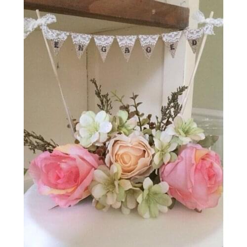 Custom Romantic White Wedding Party Burlap Cake Toppers Bunting Wedding Decor ENGAGED Hessian Lace Cake Bunting WEDDING Banner