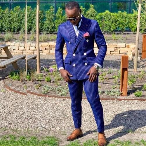 Costume Homme Fashion Royal Blue Striped Wedding Men Suits Party Prom Slim Fit Tuxedo Groom Terno Masculino Business Blazer