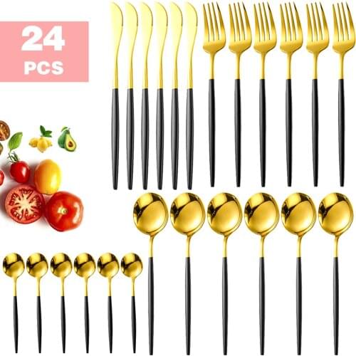 24Pcs/set Black Gold Cutlery Set 18/10 Stainless Steel Dinnerware Silverware Flatware Set Dinner Knife Fork Spoon Dropshipping