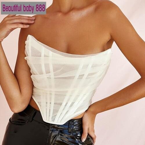 Meqeiss 2020 New Summer Sleeveless Fashion Strapless Bustier Corset Crop Tops Female Mesh Backless White Women Tops Zipper