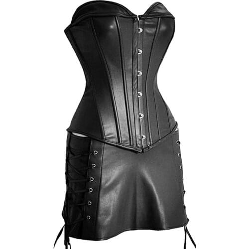 Sale Women Faux Leather Bustier Corset Dress Underwear Black Steampunk Shapewear Gothic Sexy Strapless Lace Up Body Corsets