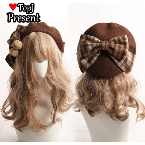 Japanese Kawaii Beret Hat Lolita Teenage heart Sweet Woolen Handmade Cute Lace Bowknot Warm Autumn Winter Painter Hat Headdress
