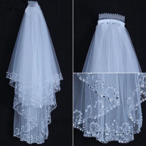 Elbow Length White/Ivory 2T Double Tiered Wedding Bridal Veil with beads