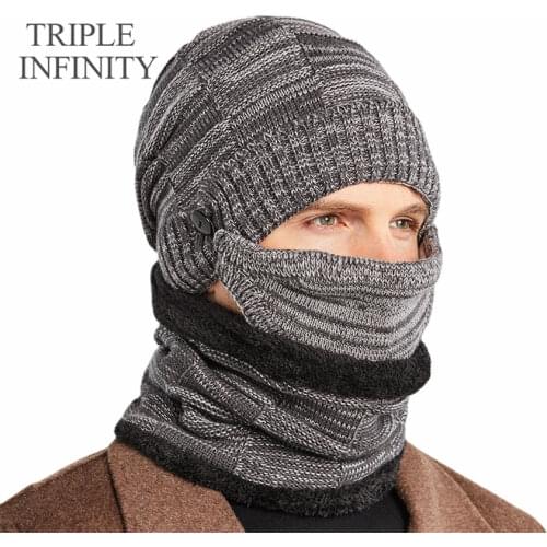 TRIPLE INFINITY Winter Beanie Hats Scarf Set Skullies Beanies Cap Neck Warmer With Thick Fluff Lined Windproof Knitted Men Hat