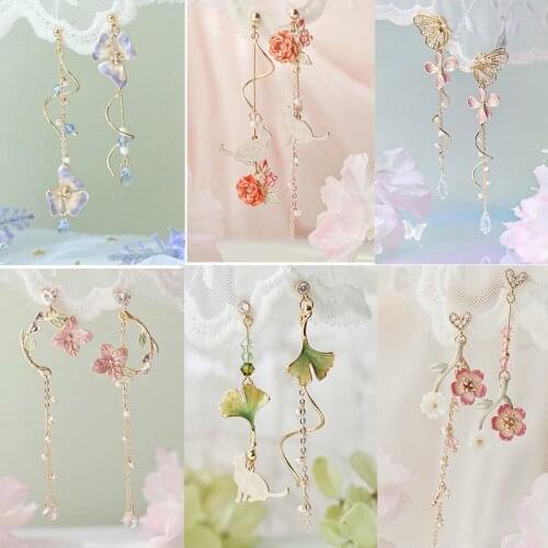 Japan and Korea and Chinese fashion fund dreamy asymmetrical pink flower tassel elegant fair lady sweet immortal long earring