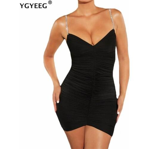 YGYEEG Women Sexy Bodycon Dresses Sleeveless V Neck Diamond Spaghetti Strap Stretchy Package Hip Short Mini Club Clothes Vestido
