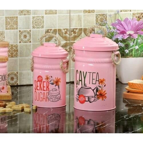 Yildiray Metal Tea Candy Bucket White 2-up Storage Container Pink