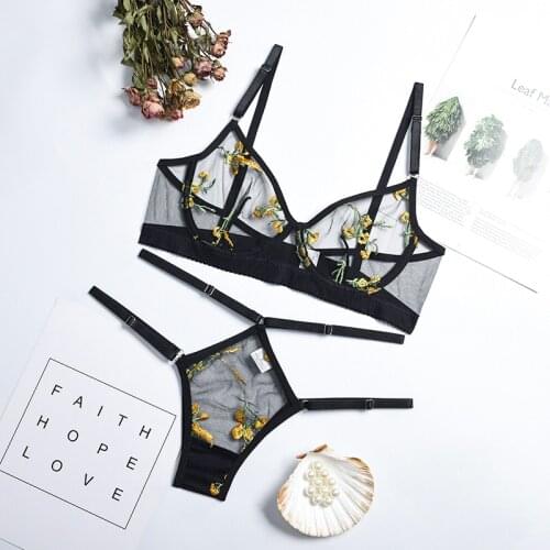 Yimunancy 2-Piece Sensual Lingerie Womens Underwear Transparent Bra with Bones Fancy Brief Sets Floral Lace Erotic Set