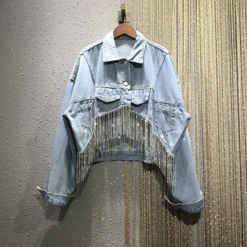 Streetwear Fashion Heavy Diamond Tassel Denim Jacket Women Loose Bat Sleeve Single-breasted Large Oversize Short Jackets