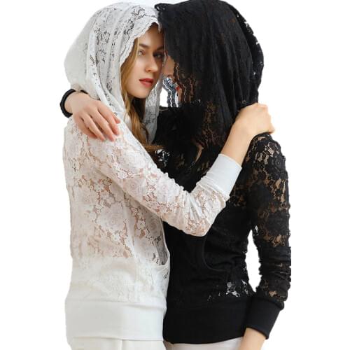 2020 Spring Summer New Women Lace Floral Hoodies Hollow Out Sexy Zip-up Hooded Sweatshirts Female Club Party Sheer Pocket Top