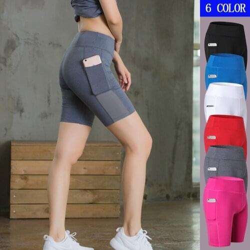 2020 High Waist Elasticity Yoga Shorts Women Sport Leggings Workout Out Pocket Mesh Leggings Fitness Gym Running Shorts