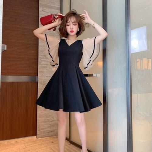 Awarose Summer Korean Fashion Dress Female Mesh Beading Ruffle Sleeve Patchwork V-Neck High Waist Slim Sundress for Women