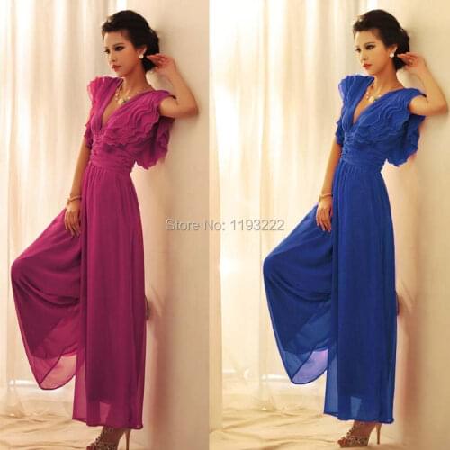 Women Cascading Ruffled V-neck Empire Waist Chiffon Party Evening Cocktail Ball Gown Long Pants Wide Leg Jumpsuit Maxi