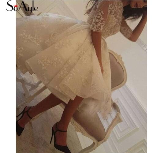 SoAyle Round Neck Half Sleeves Lace Prom Dresses Knee Length A-Line Pretty Formal Gowns Evening Dresses