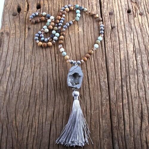 RH Fashion Bohemian Jewelry Semi Precious Stones Knotted Druzy Stone Tassel Necklaces For Women Gift Lariat Necklace