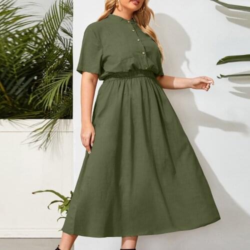 5XL Plus Size Dress Women 2021 Summer Buttons O Neck Short Sleeve Solid Casual Dress Elastic High Waist Maxi Long Dresses