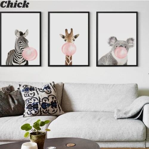 Bubble Chewing Gum Giraffe Zebra Animal Posters Canvas Art Painting Wall Art Nursery Decorative Picture Nordic Style Kids Decor