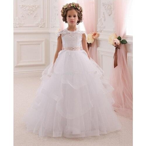 Beach 2019 Flower Girl Dresses For Weddings Ball Gown Cap Sleeves Appliques Lace Pearls Long First Communion Dresses Little Girl