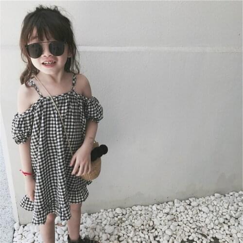 2020 Summer Fashion Baby Girls Plaid Dresses Kids Off-Shoulder Dresses for Girls New Arrival Girls Beach Casual Dresses, #8555