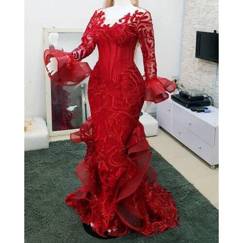 2021 Arabic Red Mermaid Prom Dresses Luxury Beading Lace Appliqued Long Sleeve Women Plus Size Formal Evening Gowns
