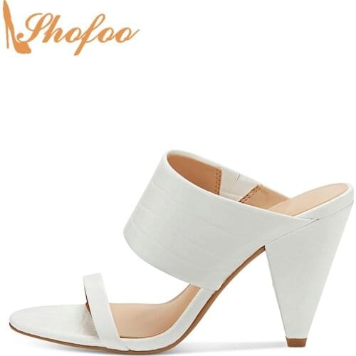 White Croc Embossed High Cone Heels Sandals Woman Open Toe Strap Large Size 12 15 Ladies Summer Fashion Casual Shoes Shofoo