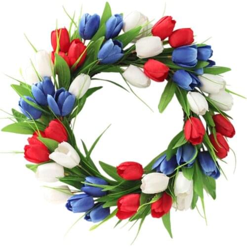 Flower Garland Tulip Wreath Rattan Dia 40cm Hand-made Hangable Home Decor Suitable For Indoors Outdoors Round Patriotic Wreaths