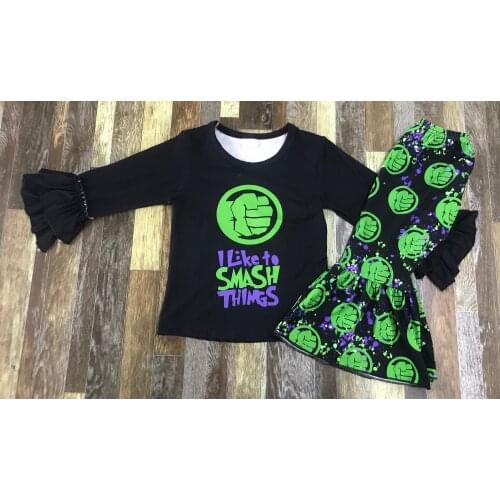 Childrens boutique wholesale girl crush black lace long sleeve green fist bell bottom set