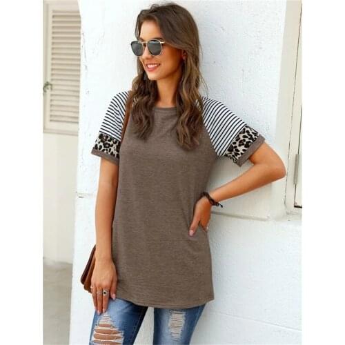 Crewneck Short Sleeve Color Block Tops Loose Fit Shirt Casual Blouse Womens Sexy Leopard Striped Raglan Sleeve T Shirts