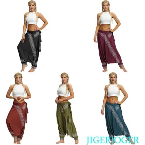 JIGERJOGER New Sashes side knotted Indonesian costume printed loose women Pants Strap joggers baggy harem pants mens beach pant