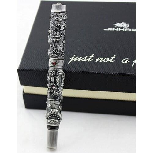 Jinhao Vintage Luxurious Rollerball Pen Double Dragon Playing Pearl, Ancient Gray Metal Carving Embossing Heavy Pen Collection