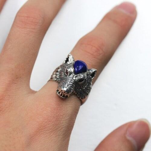 925 Silver Ring, Natural Lapis Lazuli Inlaid With Wolf Head, Old Hand-Carved Silver Ring