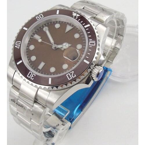 Brown Sterile Steel Business Automatic Men Wristwatch MIYOTA 8215 Magnifier Clear Glass Back Ceramic Insert