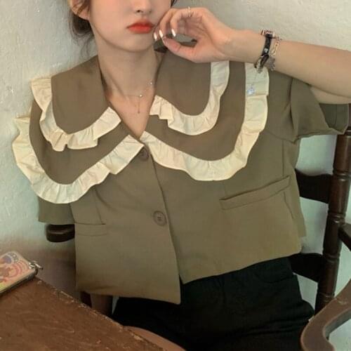 Summer Sweet Preppy Style Women Blouse Shirt Vintage Peter Pan Collar Lace Cute Short Sleeve Single-breasted Female Short Shirt