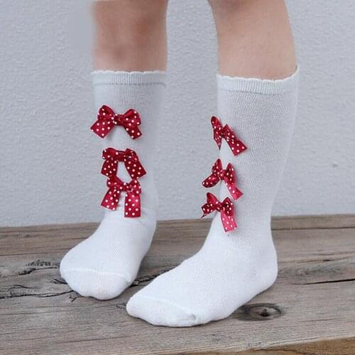 Lovely cozy Christmas gift for girls triple ribbon bowknot design kids knee high socks toddler girls boots socks princess socks