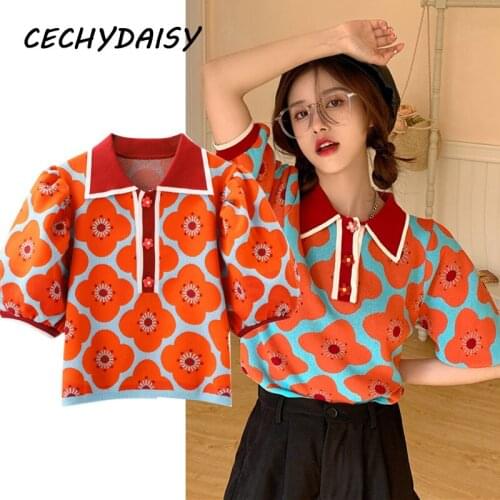 Korean Fashion Knitted Pullovers Women 2021 Summer Streetwear Button Up Flower Traf Officiel Store Kawaii Clothes Top Femme Ropa