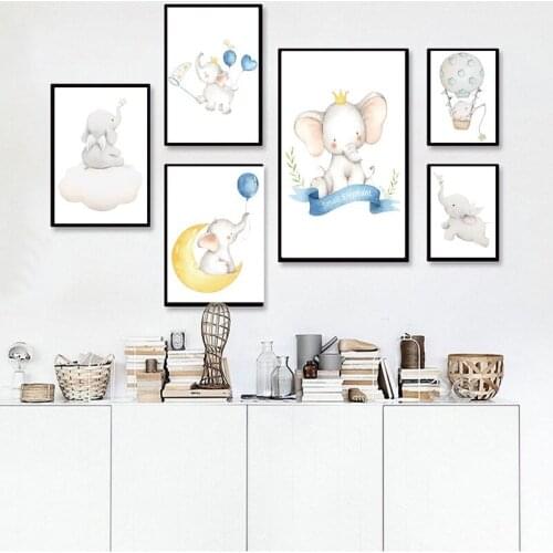 New Cute Balloon Hot Air Balloon Elephant Childrens Room Kindergarten Bedroom Canvas Painting Wall Pictures for Living Room