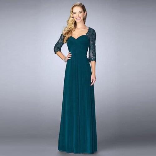 Charming Tea Blue Sheath Plunge Neckline Lace Mother of the Bride Dresses With Three Quarter Sleeves Wedding Guest Gowns 2020