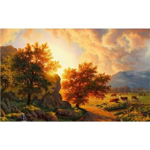 Landscape 5D DIY Diamond Painting Full Round picture of Rhinestones Diamond Embroidery Scenic farm cattle for room Decor FG1256