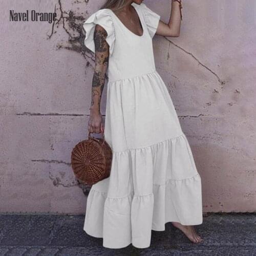New Women Bohemian V-Neck Ruffles Sweet Party Dress Summer Butterfly Sleeve Solid Ladies Dress Fashion Elegant Sleeveless Dress