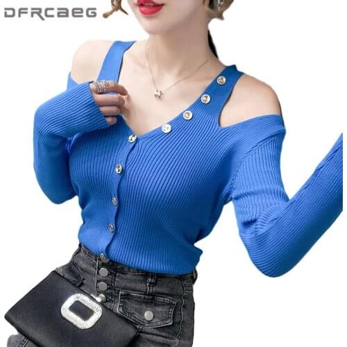 Sexy Off The Shoulder Women knitted Tops 2020 Autumn Winter Long Sleeve Button Pullover Bottoming Knitwear Thin Sweaters Clothes