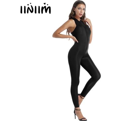 Sexy Womens Lingerie Bodysuit Stage Performance Costume Catsuit Tight Jumpsuit Stretchy Zipper Front Sleeveless Rave Clubwear