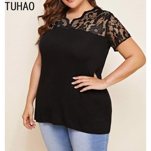 TUHAO Mother Mom Sexy Lace Black Blouse Shirt Summer Plus Size 8XL 7XL 6XL Black Lace Blouses Womens Casual Top Large Size WM63